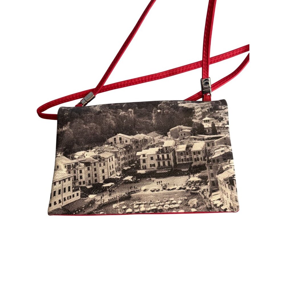 Renato Angi Portofino Italian Leather Crossbody Bag Red Scenic Print - Picture 2 of 7
